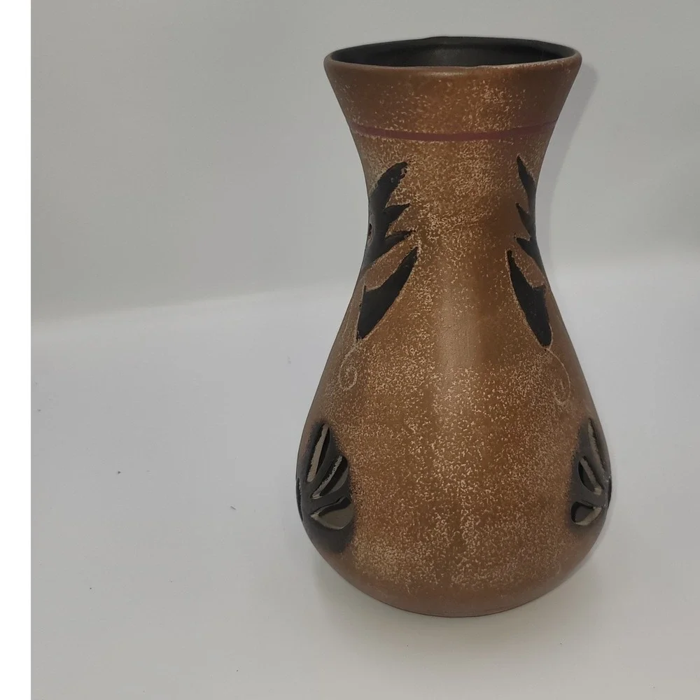 Southwestern Cut Out Terracotta Vase Hand Painted Tribal Brown Ceramic 7.5 Inch